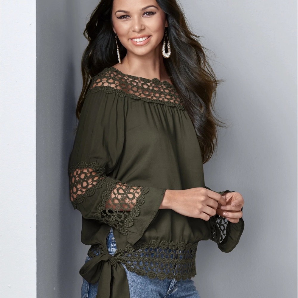 VENUS Crochet Side Tie Top Olive Green - Picture 2 of 11